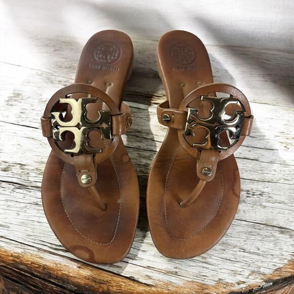 Tory Burch Shoes - *Damaged Tory Burch Miller Leather Thong Sandals Flat Flip Flops Gold Logo 7.5 M